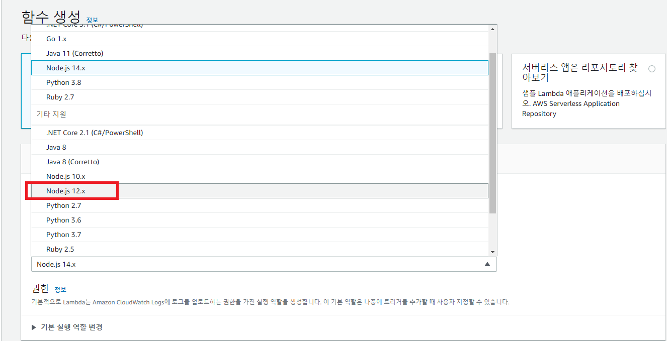많은 런타임이 있지만 Node.js 12.x를 선택합니다.